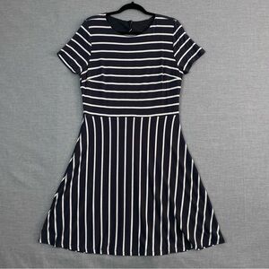 Loft Mini Dress Sz 12 Grey White Stripe Short Sleeve Back Cutout A-line Skirt
